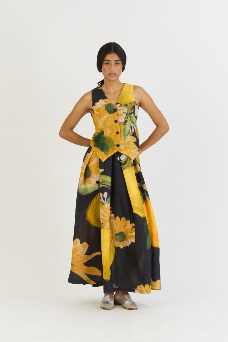POMELLO WAISTCOAT AND BOX PLEAT SKIRT SET by Yam in yellow color for women Worldwide