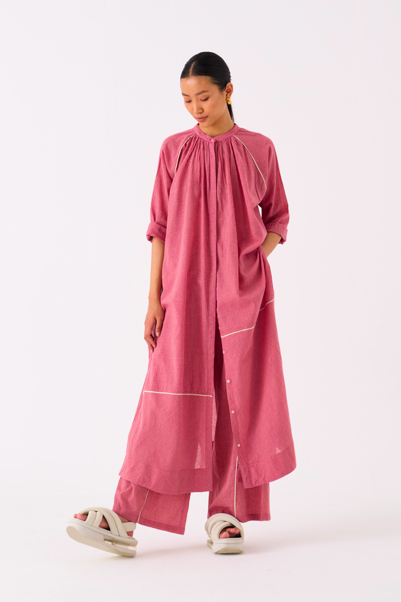 GATHER NECK SHIRT-PINK CHECK mul by THREE in pink color for women Worldwide