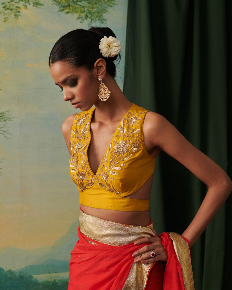 AAFIYA BLOUSE chiffon by Rashika Mittal in yellow color for women Worldwide