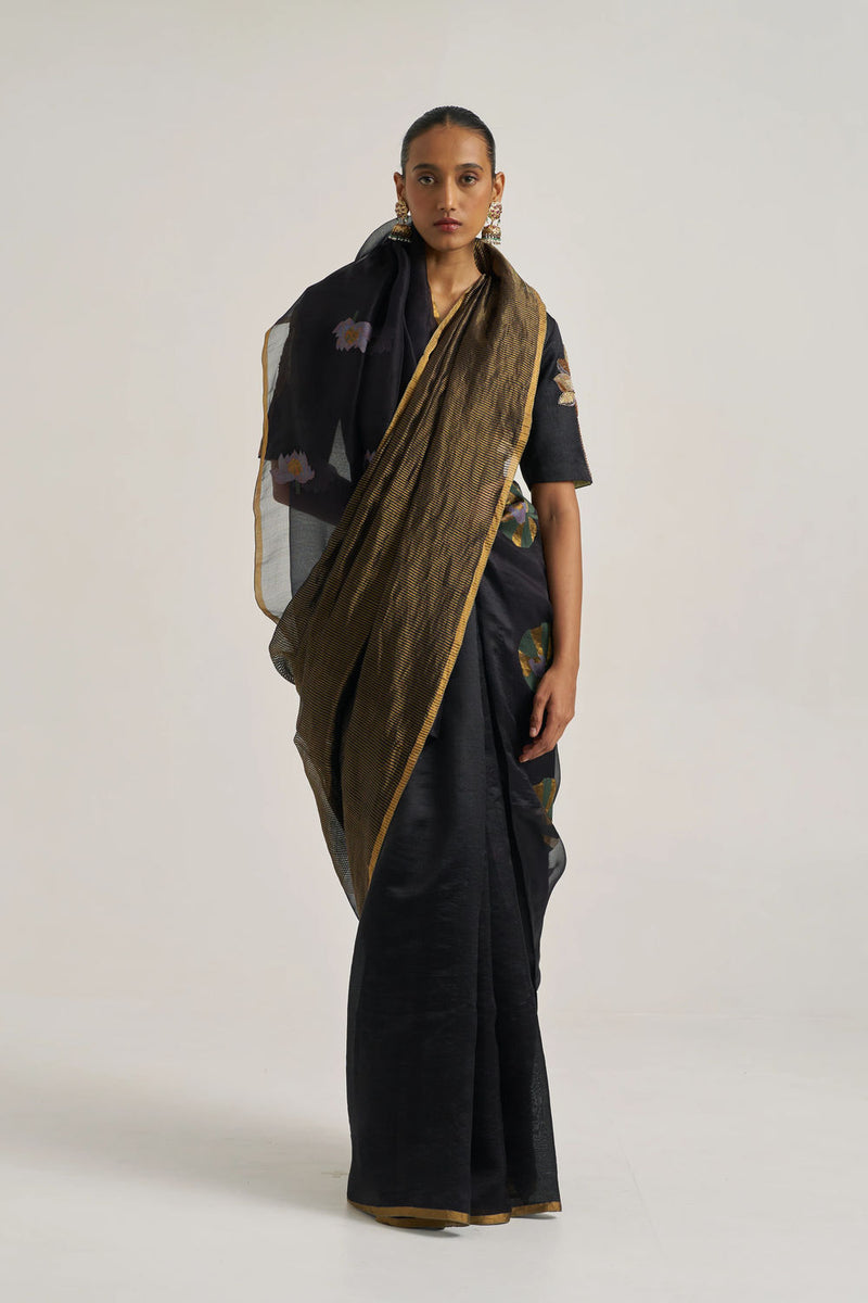Aaroohi Sari-Black handwoven silk organza jamdani by Suparna Som in black for women Worldwide