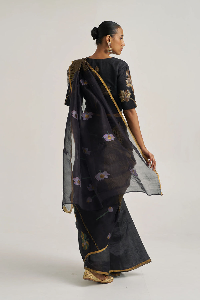 Aaroohi Sari-Black handwoven silk organza jamdani by Suparna Som in black for women Worldwide
