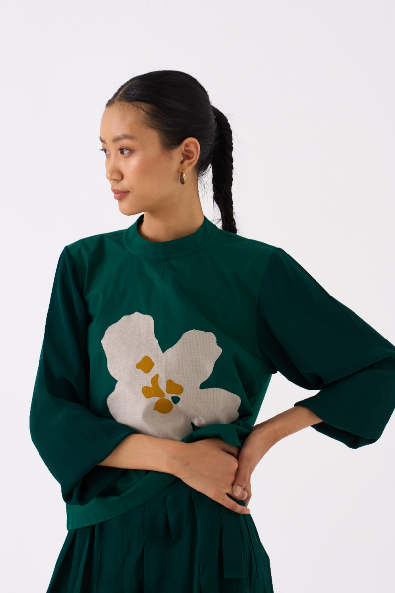 FLORAL APPLIQUE TOP-DARK GREEN poplin by THREE in green color for women Worldwide