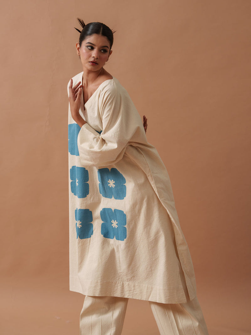 Marigold Tunic handwoven cotton top/shirt by Stoique in natural, blue for women Worldwide
