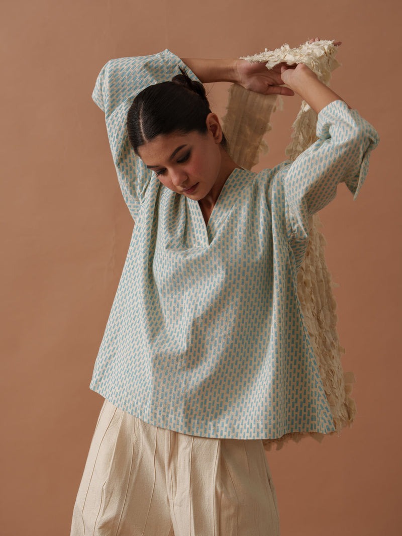 Heather Top handwoven cotton top/shirt by Stoique in natural, ice blue for women Worldwide