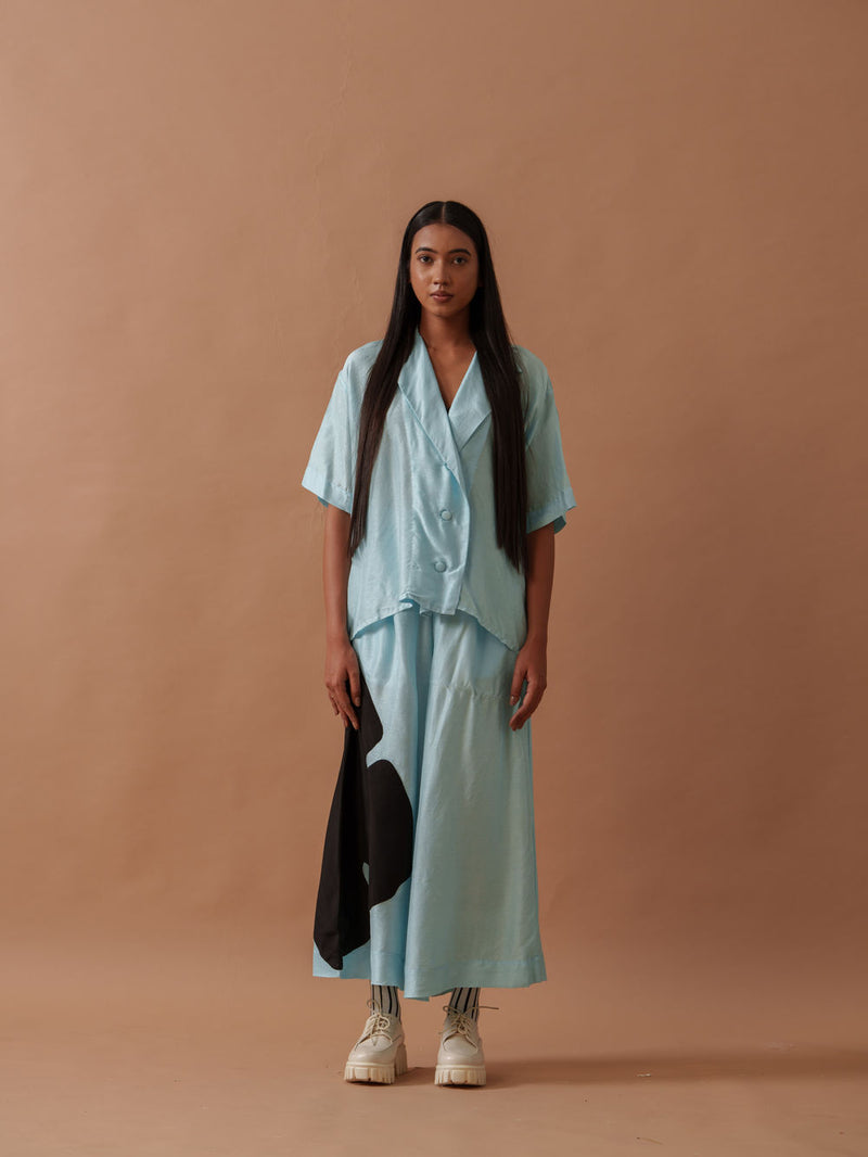 Gunpowder Flo Pants Blue mysore silk pant/trouser by Stoique in blue, black for women Worldwide