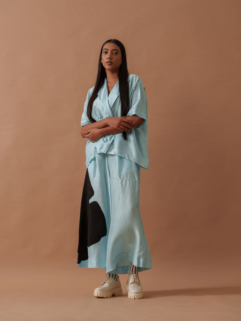 Gunpowder Flo Pants Blue mysore silk pant/trouser by Stoique in blue, black for women Worldwide