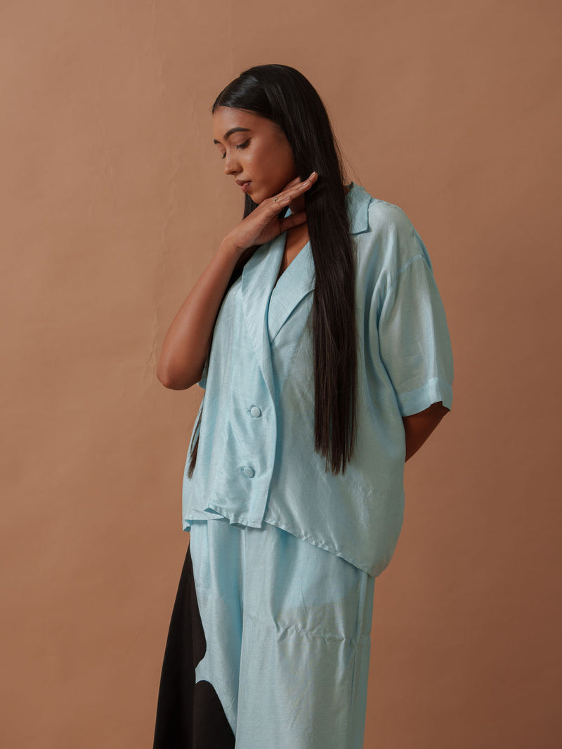 Gunpowder Flo Shirt Blue mysore silk top/shirt by Stoique in blue, black for women Worldwide