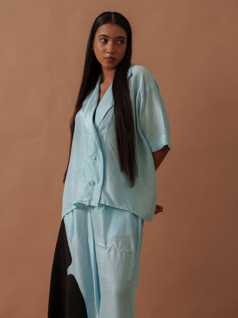 Gunpowder Flo Shirt Blue mysore silk top/shirt by Stoique in blue, black for women Worldwide