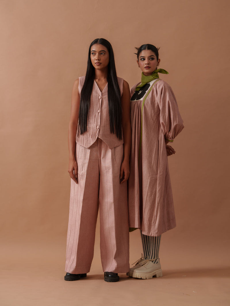 Primrose Dress Pink handwoven cotton dress by Stoique in pink, green for women Worldwide