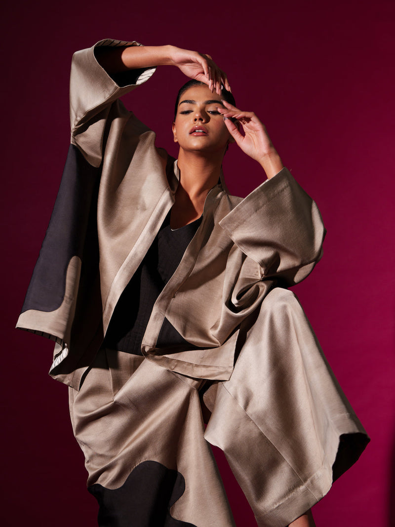 Chia jacket -Grey + Black satin linen jackets and overlays by Stoique in grey, black for women Worldwide
