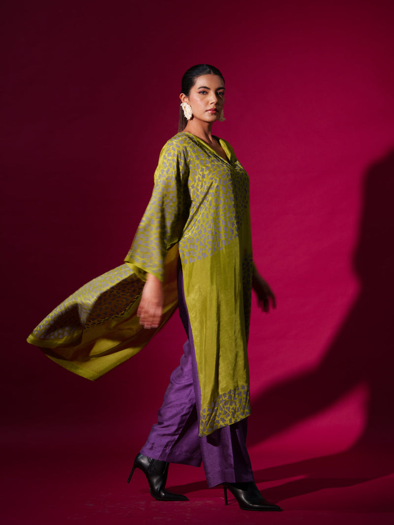 Beau Tunic-Leaf Green + Grey upada silk kaftans and tunics by Stoique in leaf green, grey for women Worldwide