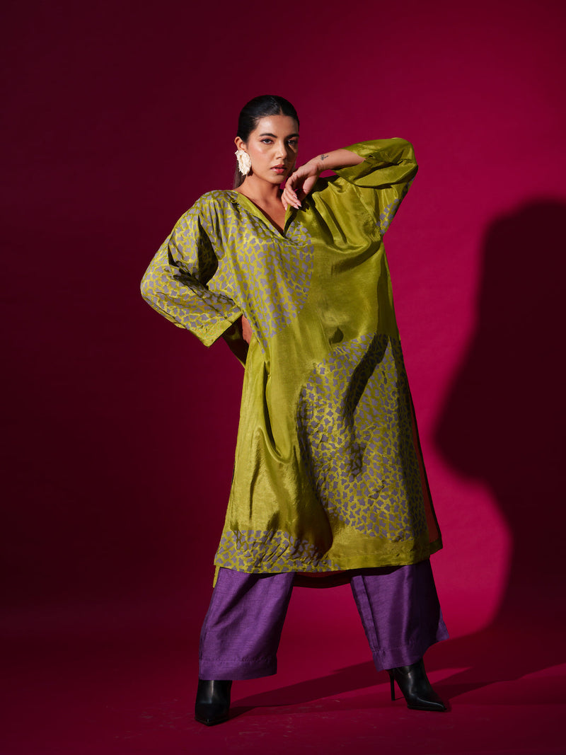 Beau Tunic-Leaf Green + Grey upada silk kaftans and tunics by Stoique in leaf green, grey for women Worldwide