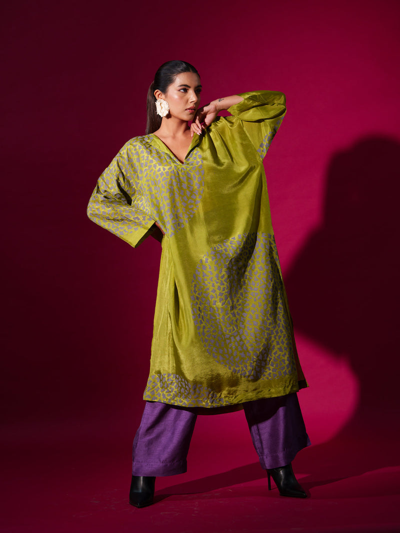 Beau Tunic-Leaf Green + Grey upada silk kaftans and tunics by Stoique in leaf green, grey for women Worldwide