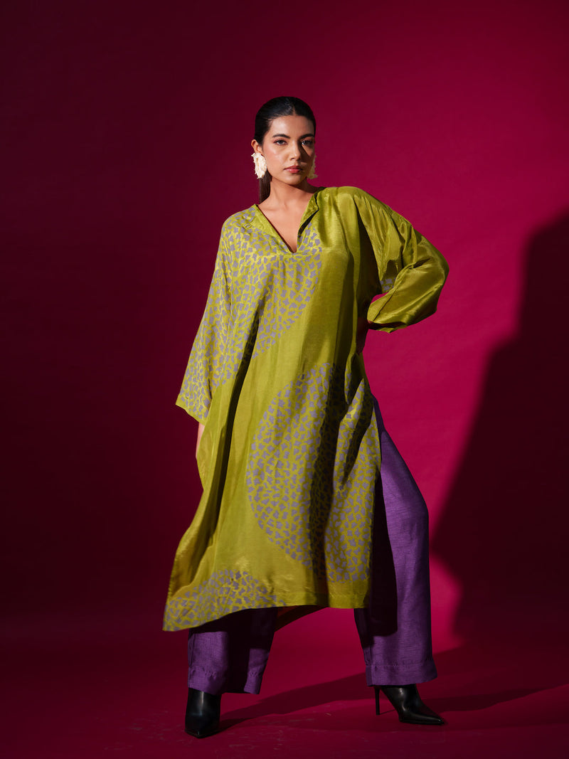 Beau Tunic-Leaf Green + Grey upada silk kaftans and tunics by Stoique in leaf green, grey for women Worldwide