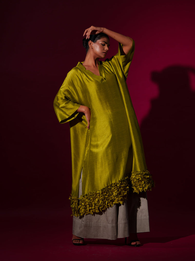 Flax Tunic-Leaf Green mysore silk kaftans and tunics by Stoique in leaf green for women Worldwide