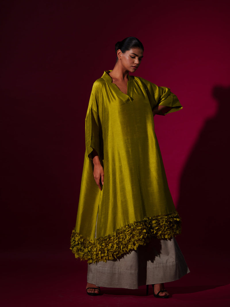 Flax Tunic-Leaf Green mysore silk kaftans and tunics by Stoique in leaf green for women Worldwide