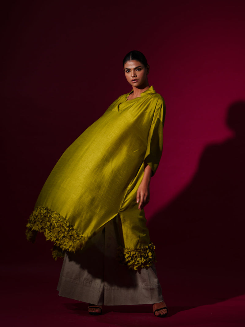 Flax Tunic-Leaf Green mysore silk kaftans and tunics by Stoique in leaf green for women Worldwide