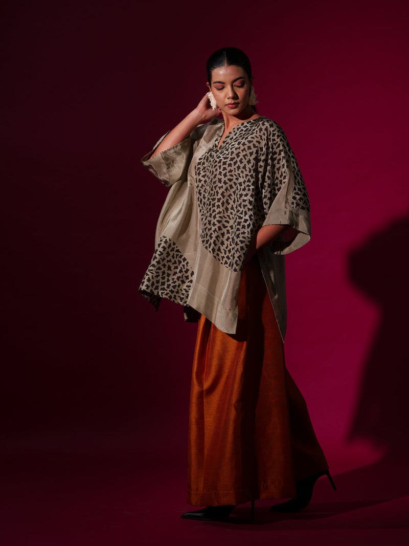 Beau Top-Grey + Black upada silk tops and shirts by Stoique in grey, black for women Worldwide