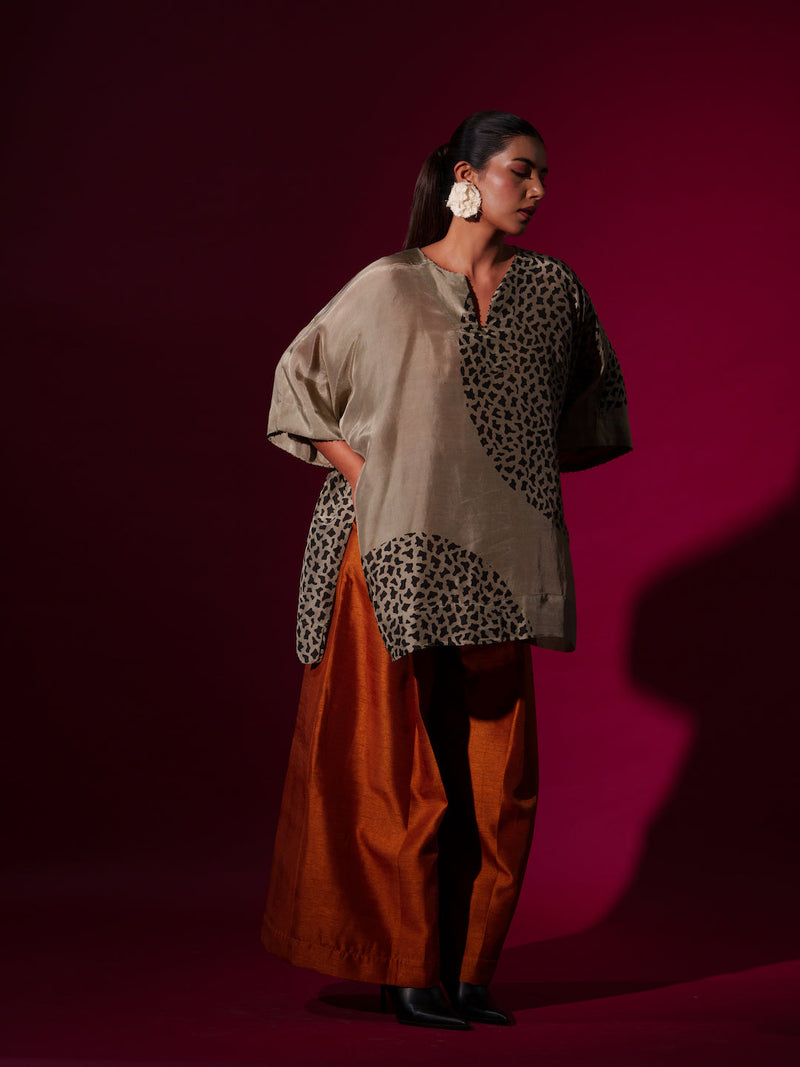 Beau Top-Grey + Black upada silk tops and shirts by Stoique in grey, black for women Worldwide