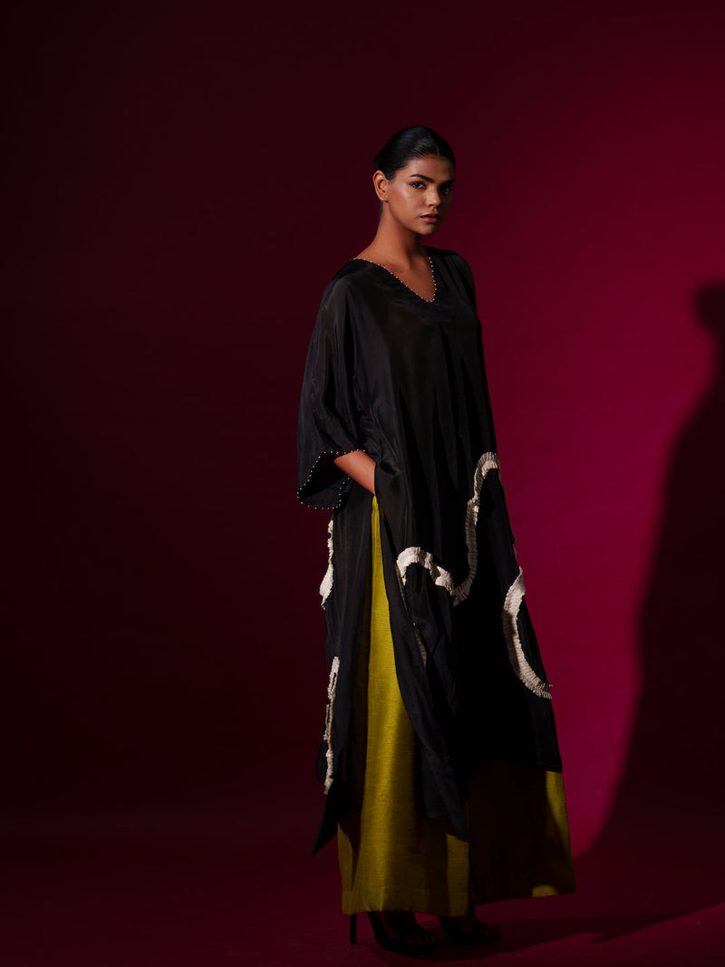 Flamingo Tunic-Black + Natural upada silk kaftans and tunics by Stoique in black, natural for women Worldwide