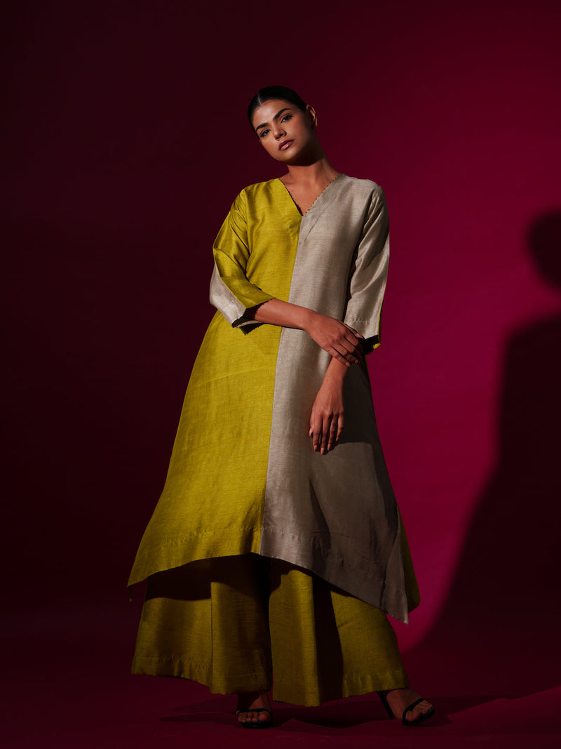 Onyx Tunic-Leaf green + Grey mysore silk kaftans and tunics by Stoique in leaf green, grey for women Worldwide