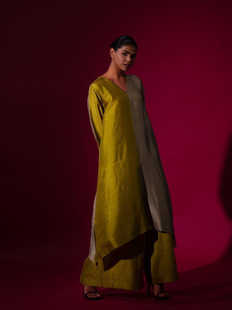 Onyx Tunic-Leaf green + Grey mysore silk kaftans and tunics by Stoique in leaf green, grey for women Worldwide