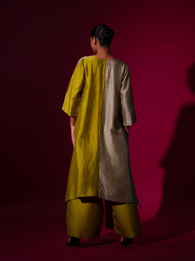 Onyx Tunic-Leaf green + Grey mysore silk kaftans and tunics by Stoique in leaf green, grey for women Worldwide