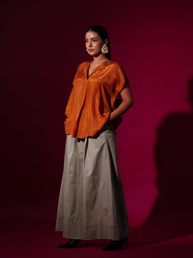 Prosper Top-Rust orange + Black upada silk tops and shirts by Stoique in rust orange, black for women Worldwide