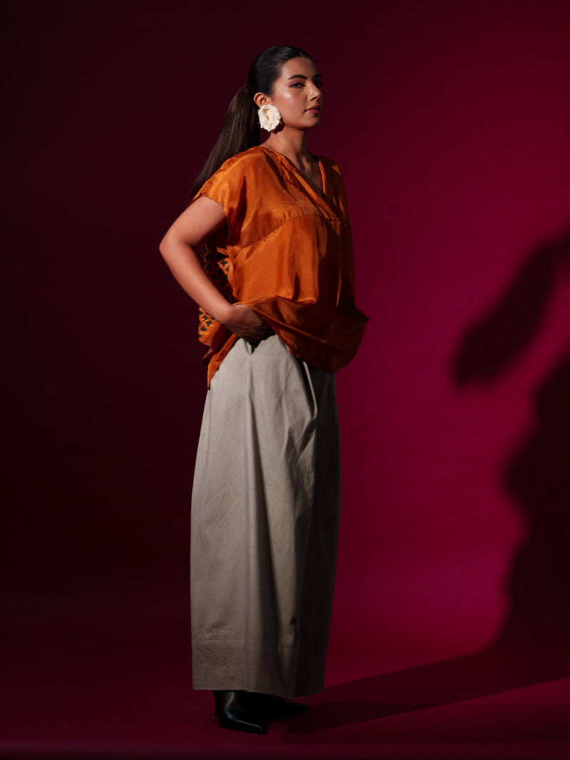 Prosper Top-Rust orange + Black upada silk tops and shirts by Stoique in rust orange, black for women Worldwide
