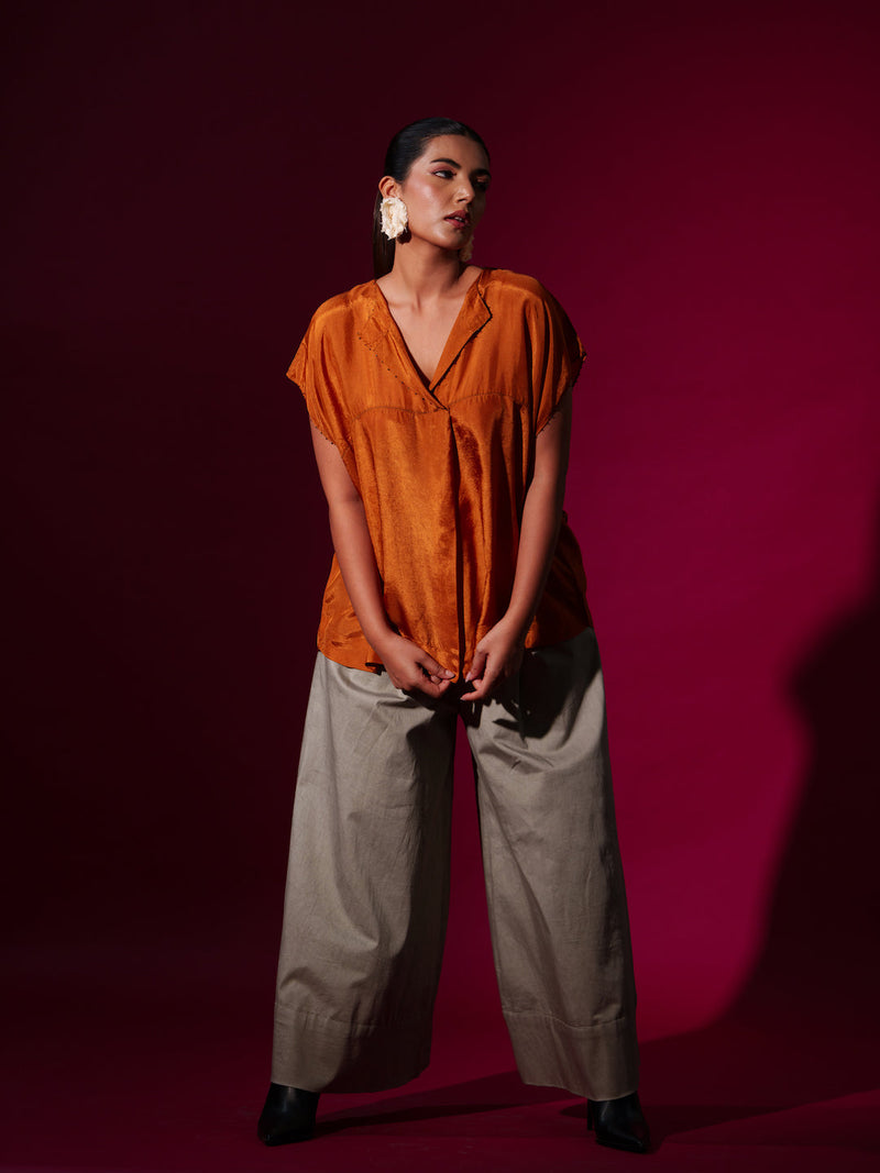 Prosper Top-Rust orange + Black upada silk tops and shirts by Stoique in rust orange, black for women Worldwide