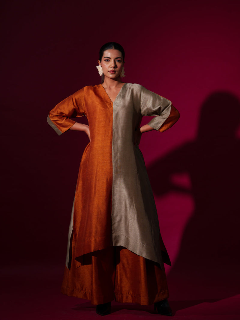 Onyx Tunic-Rust Orange + Grey mysore silk kaftans and tunics by Stoique in rust orange, grey for women Worldwide