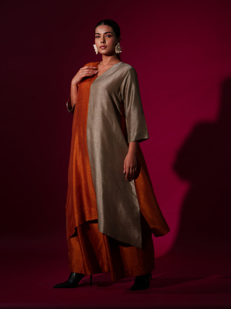 Onyx Tunic-Rust Orange + Grey mysore silk kaftans and tunics by Stoique in rust orange, grey for women Worldwide