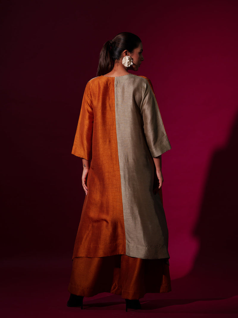 Onyx Tunic-Rust Orange + Grey mysore silk kaftans and tunics by Stoique in rust orange, grey for women Worldwide