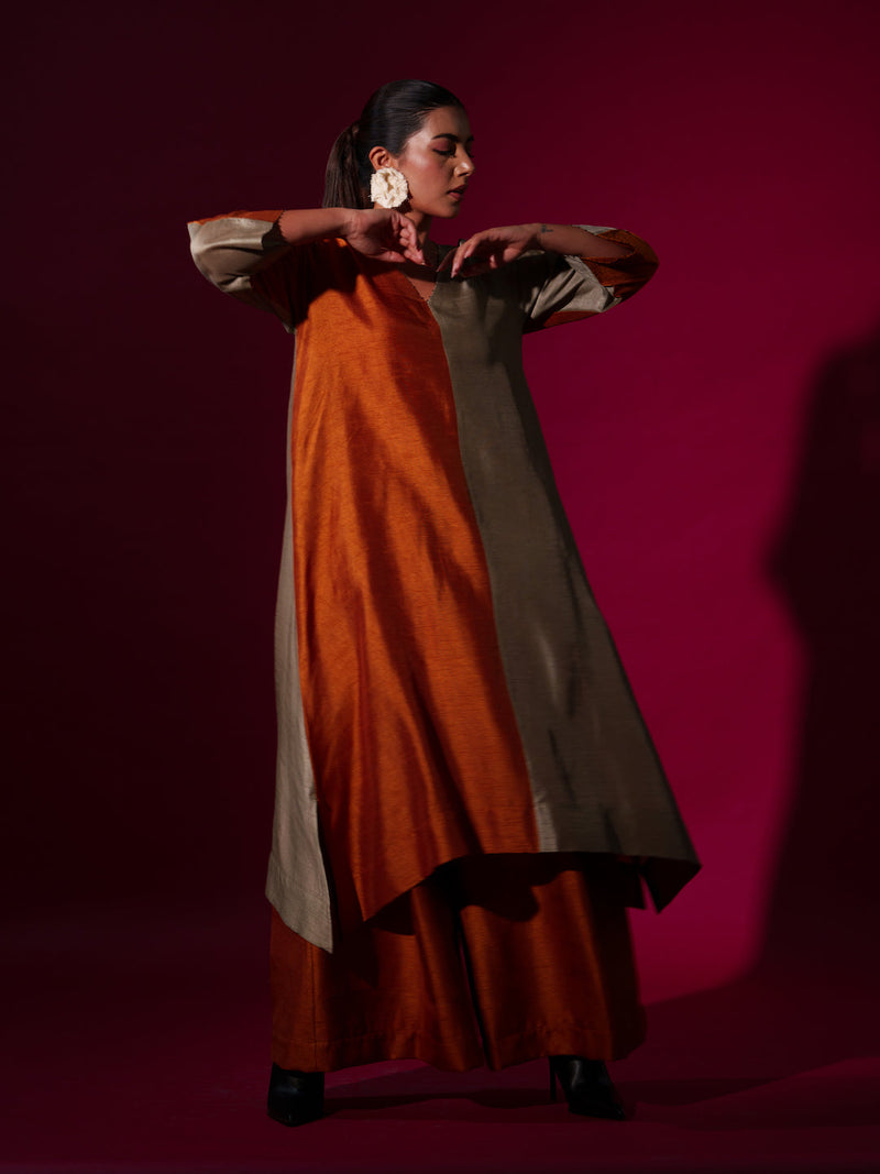 Onyx Tunic-Rust Orange + Grey mysore silk kaftans and tunics by Stoique in rust orange, grey for women Worldwide