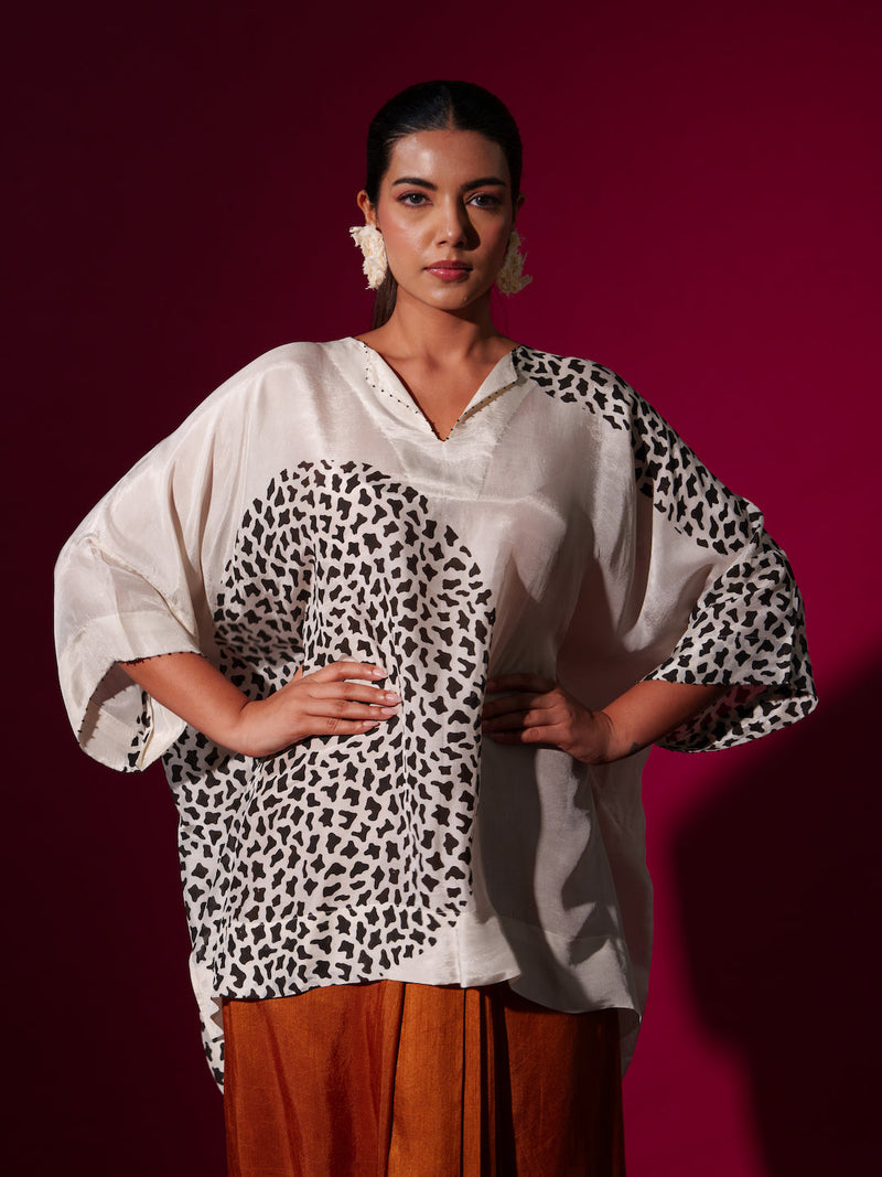 Beau Top-Natural + Black upada silk tops and shirts by Stoique in natural, black for women Worldwide