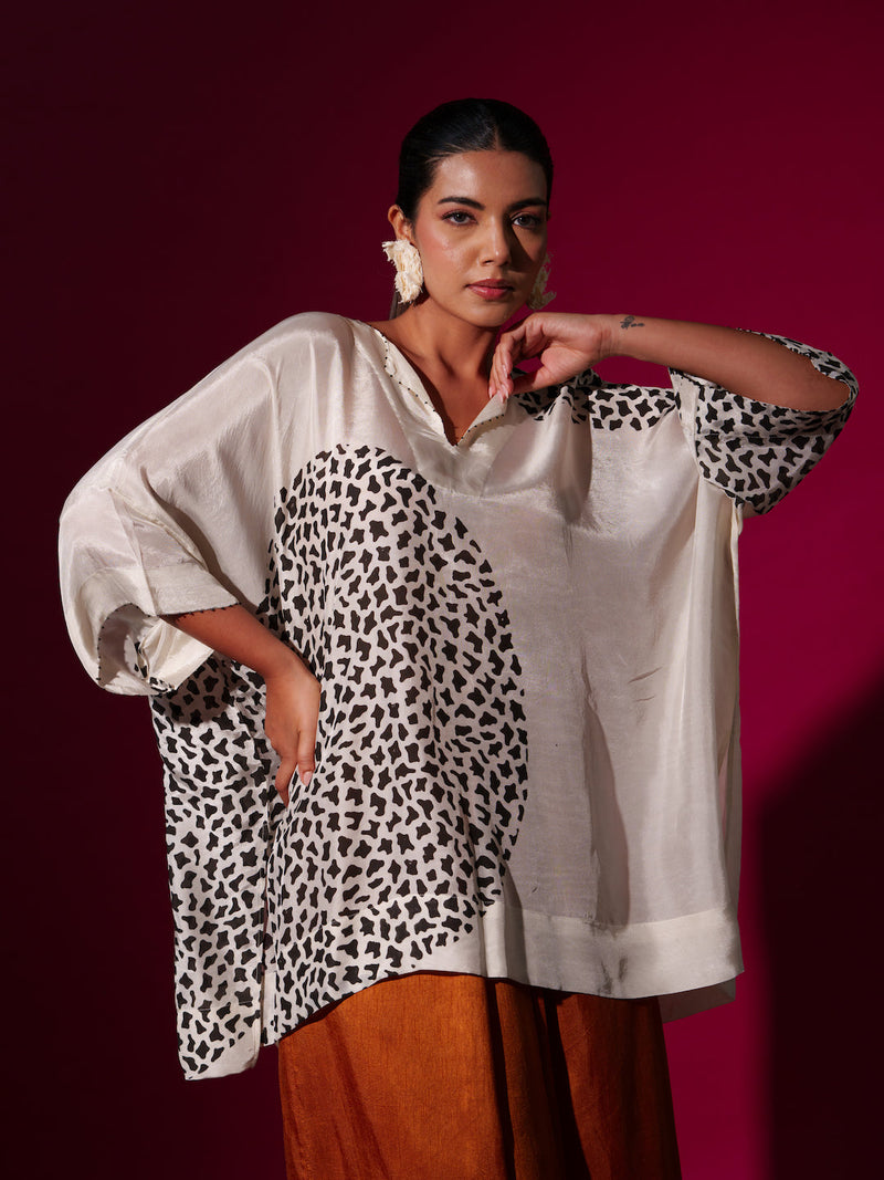 Beau Top-Natural + Black upada silk tops and shirts by Stoique in natural, black for women Worldwide