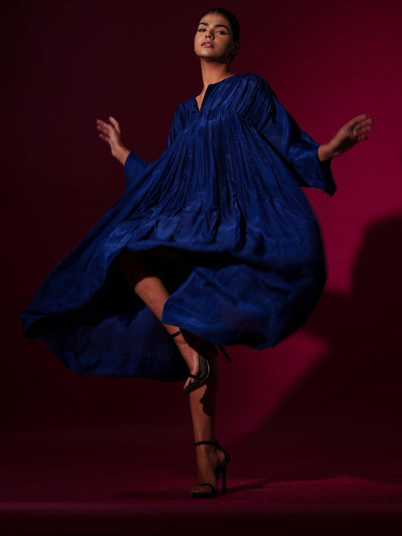 Rose Dress-Blue + Grey mysore silk dresses by Stoique in blue, grey for women Worldwide