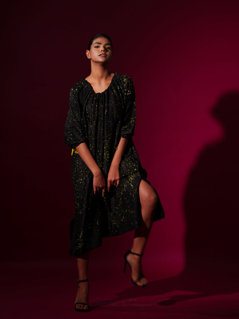 Duality Dress-Black + Leaf Green mysore silk dresses by Stoique in black, leaf green for women Worldwide