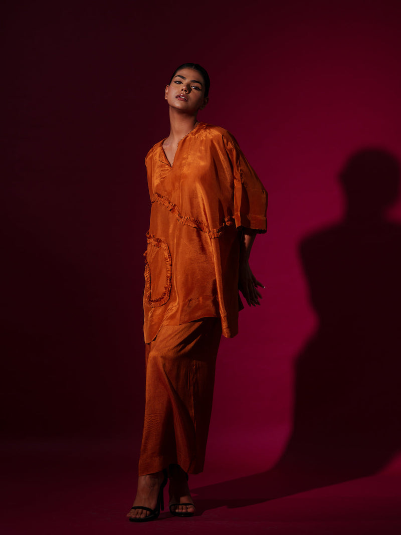 Flamingo Skirt-Rust orange mysore silk skirts by Stoique in rust orange for women Worldwide