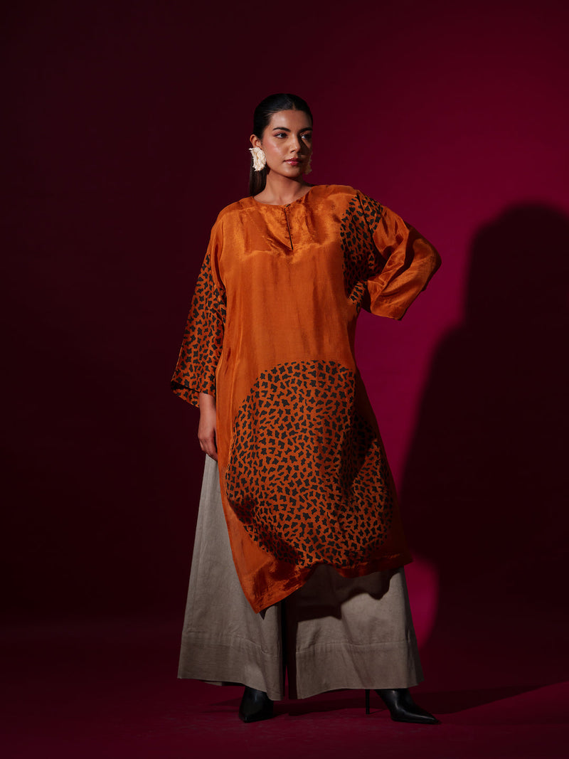 Beau Tunic-Rust orange + Black upada silk kaftans and tunics by Stoique in rust orange, black for women Worldwide