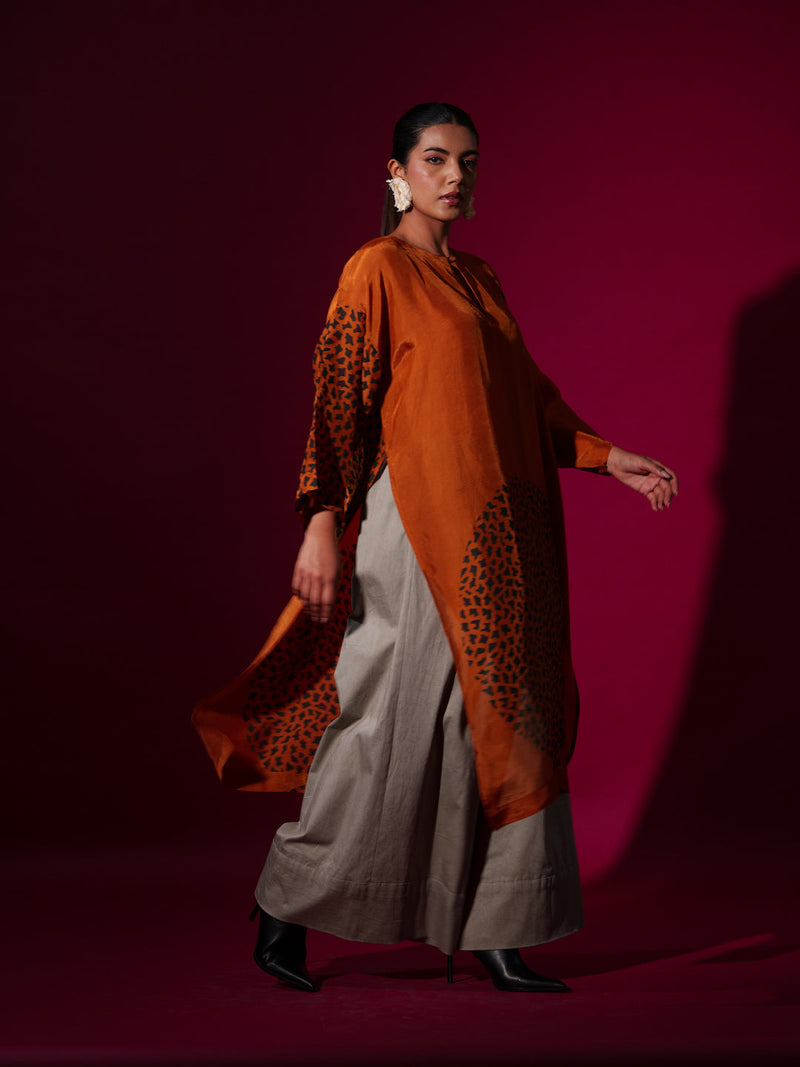 Beau Tunic-Rust orange + Black upada silk kaftans and tunics by Stoique in rust orange, black for women Worldwide