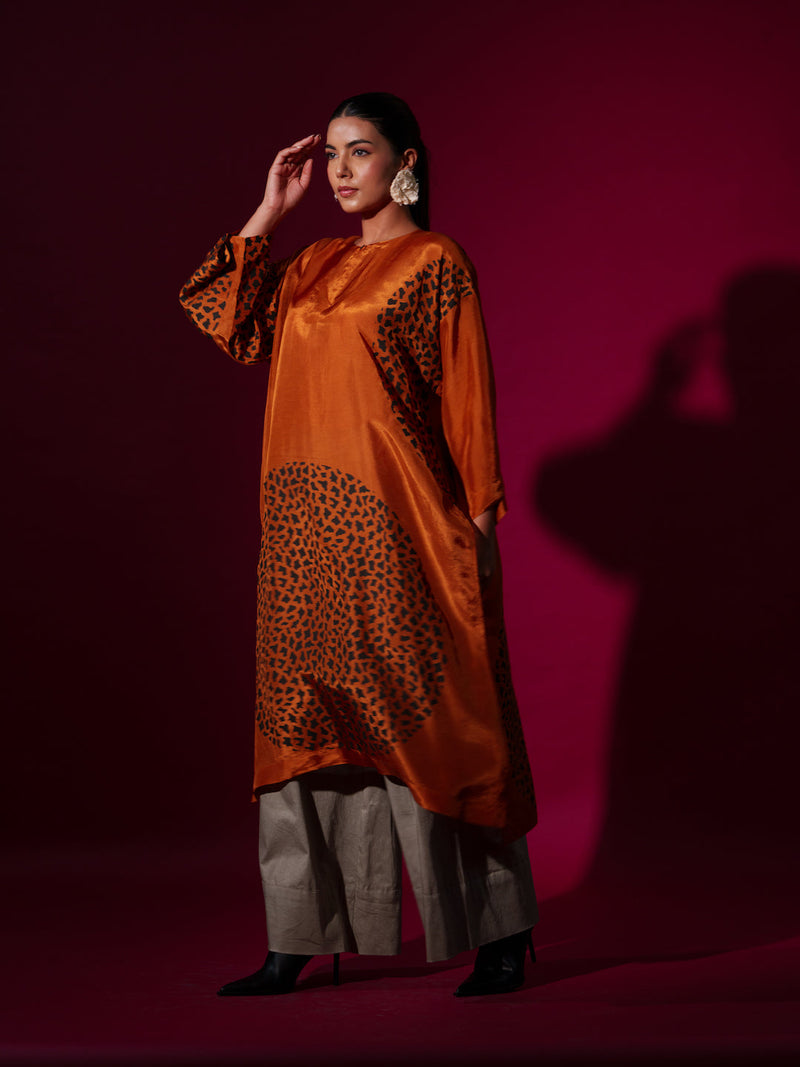 Beau Tunic-Rust orange + Black upada silk kaftans and tunics by Stoique in rust orange, black for women Worldwide