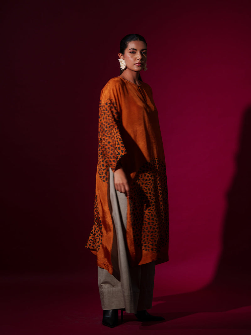 Beau Tunic-Rust orange + Black upada silk kaftans and tunics by Stoique in rust orange, black for women Worldwide