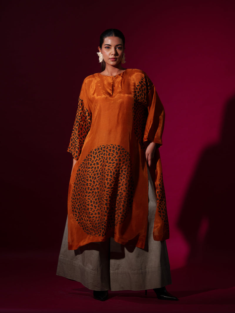 Beau Tunic-Rust orange + Black upada silk kaftans and tunics by Stoique in rust orange, black for women Worldwide