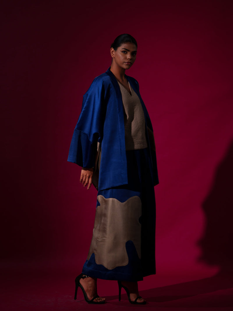 Chia jacket -Blue + Grey satin linen jackets and overlays by Stoique in blue, grey for women Worldwide