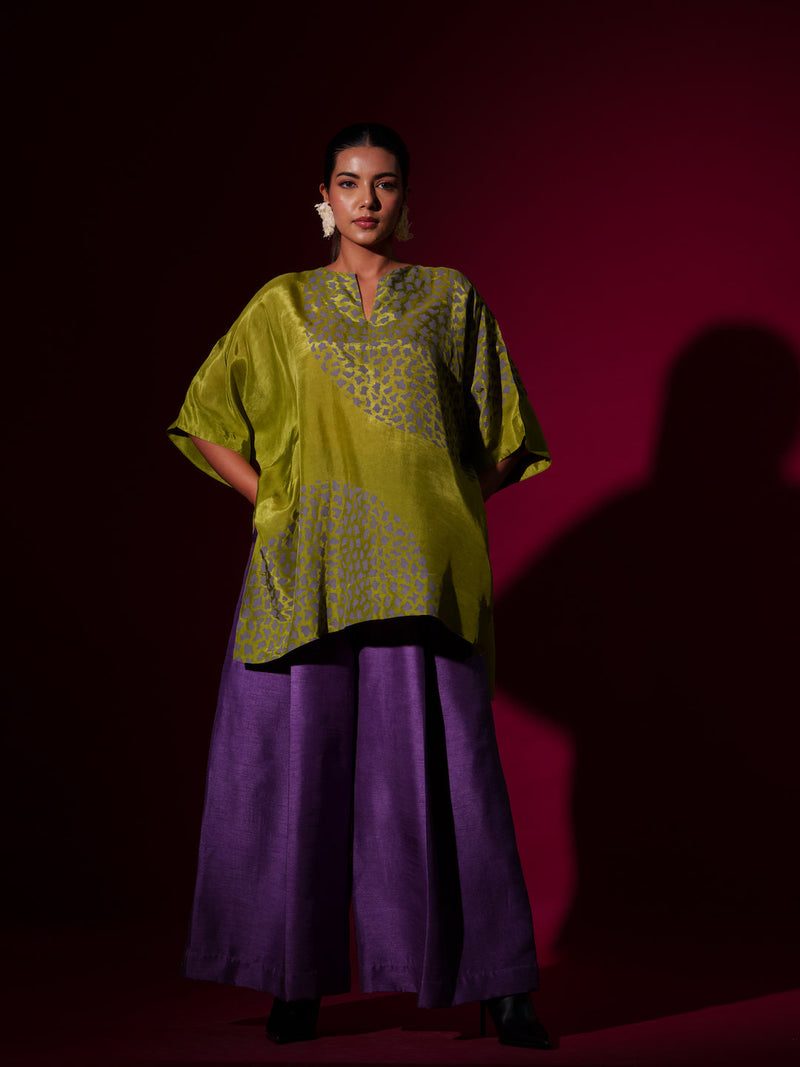 Beau Top-Leaf Green + Grey upada silk tops and shirts by Stoique in leaf green, grey for women Worldwide