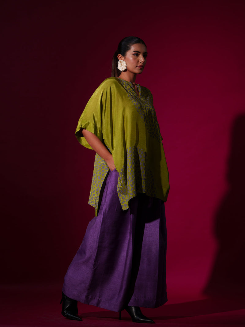 Beau Top-Leaf Green + Grey upada silk tops and shirts by Stoique in leaf green, grey for women Worldwide