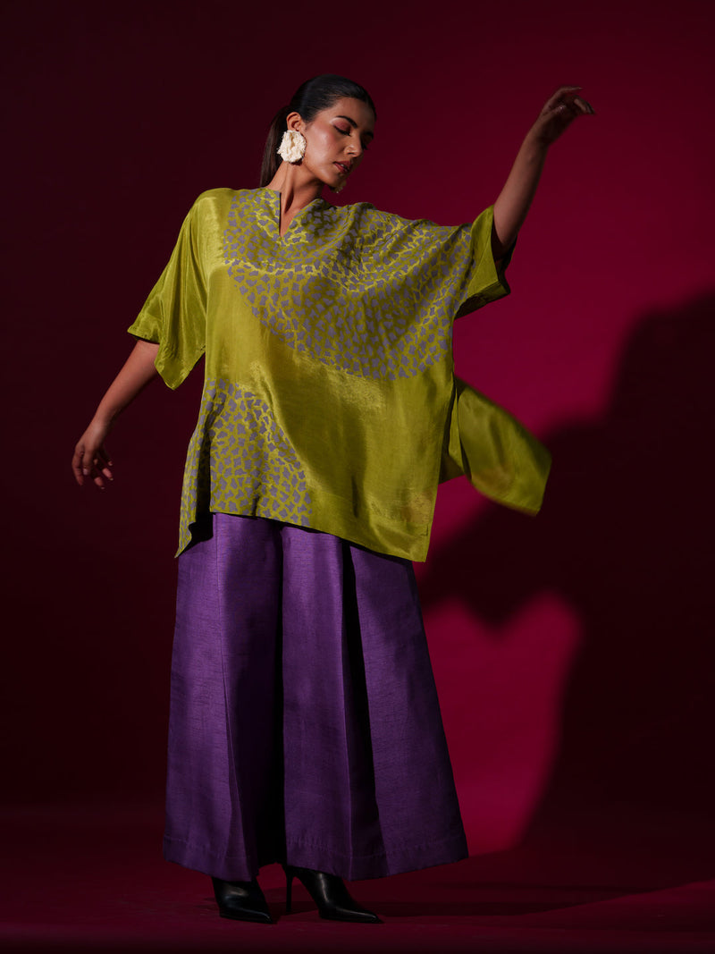 Beau Top-Leaf Green + Grey upada silk tops and shirts by Stoique in leaf green, grey for women Worldwide