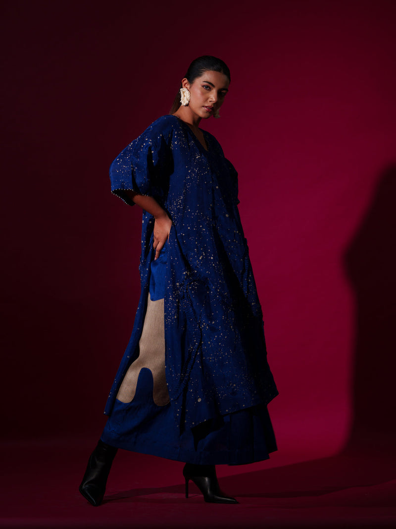 Dual Tunic-Blue + Grey mysore silk kaftans and tunics by Stoique in blue, grey for women Worldwide