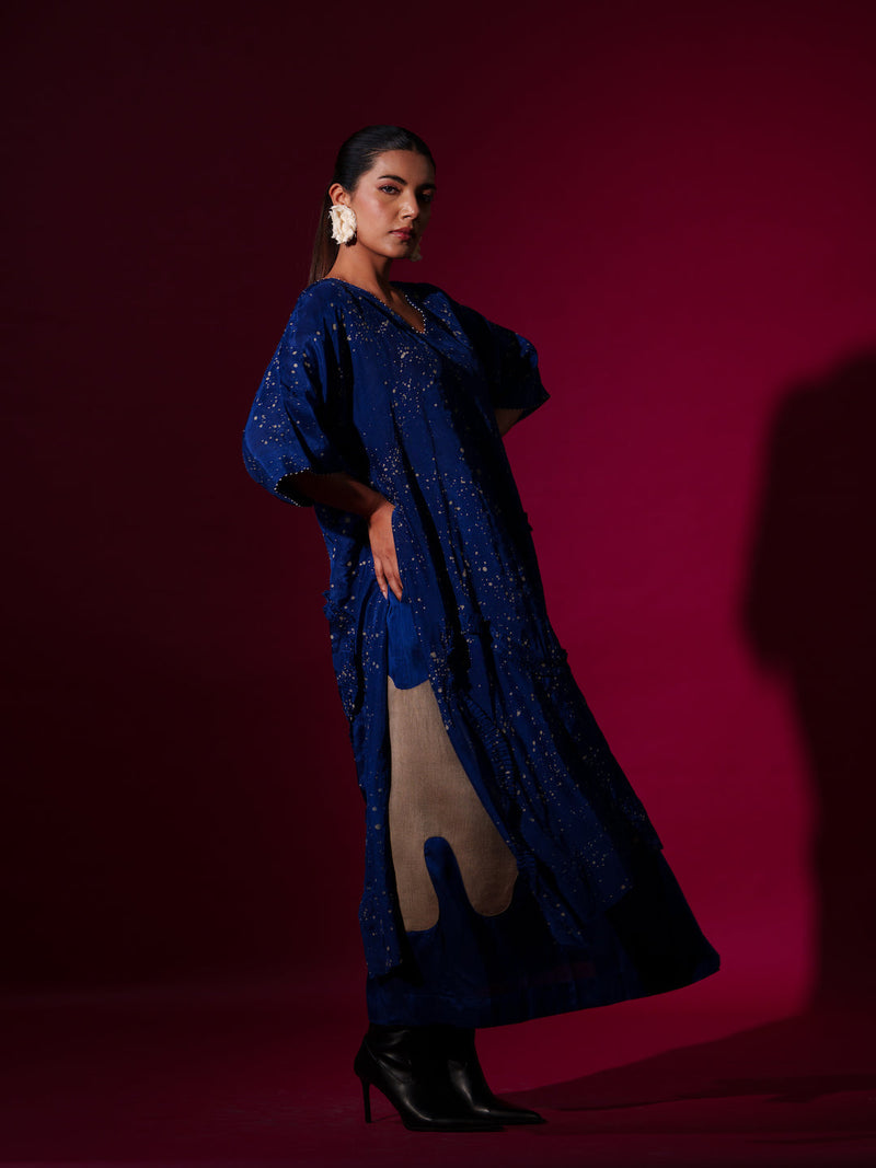 Dual Tunic-Blue + Grey mysore silk kaftans and tunics by Stoique in blue, grey for women Worldwide